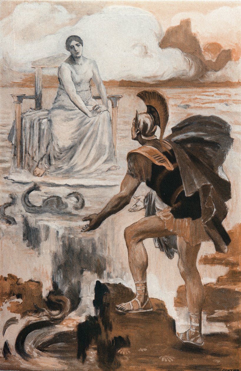Achilles åberopar sin mor Thetis. Illustration av Clement Gontier (1876-1918) för Homeres "Iliaden" (Omero). Paris, Henri Laurens av Clement Gontier