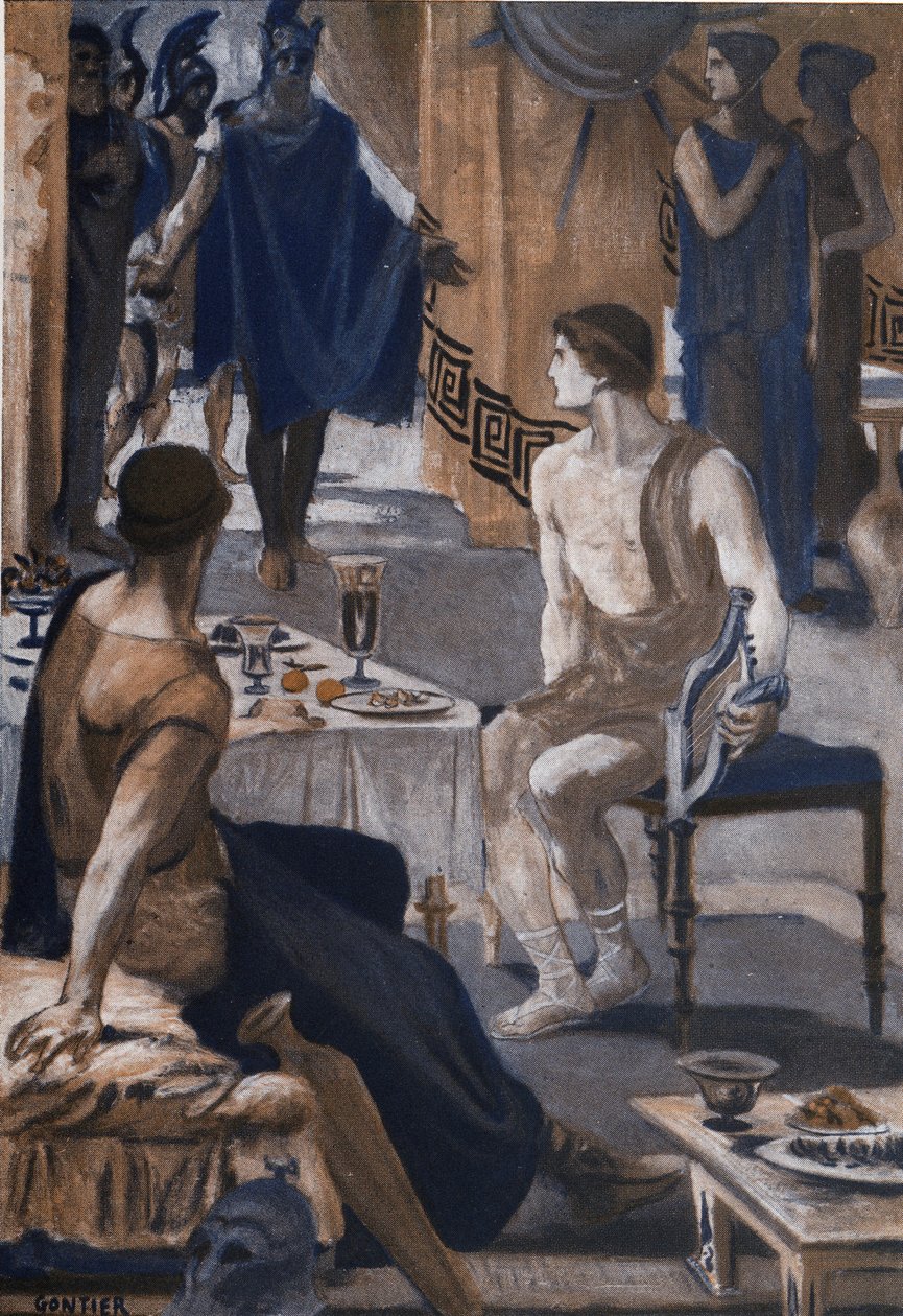 Akilles tar emot Agamemnons sändebud. Illustration av Clement Gontier (1876-1918) för Homeres "Iliaden" (Omero). Paris, Henri Laurens av Clement Gontier