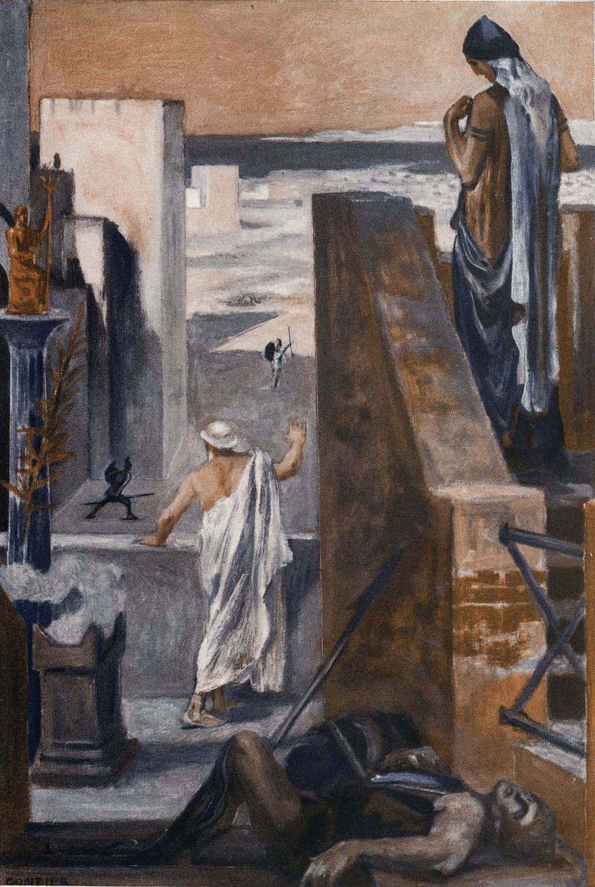 Hectors föräldrar ber honom att undvika bråket. Illustration av Clement Gontier (1876-1918) för Homeres "Iliaden" (Omero). Paris, Henri Laurens av Clement Gontier