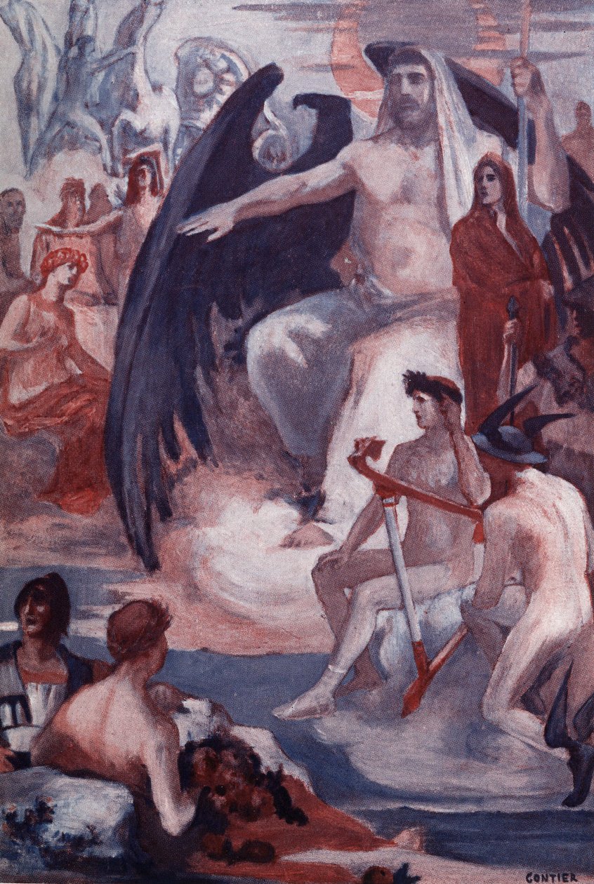 Jupiters försvar för att rädda trojanerna eller grekerna. Illustration av Clement Gontier (1876-1918) för Homeres "Iliaden" (Omero). Paris, Henri Laurens av Clement Gontier