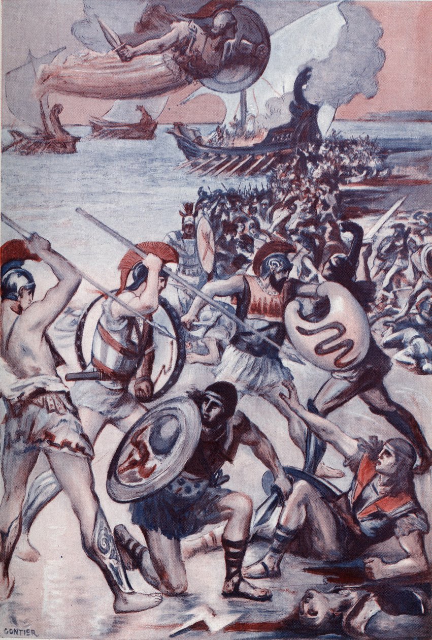 Striden kring Patrocles kropp. Illustration av Clement Gontier (1876-1918) för Homeres "Iliaden" (Omero). Paris, Henri Laurens av Clement Gontier