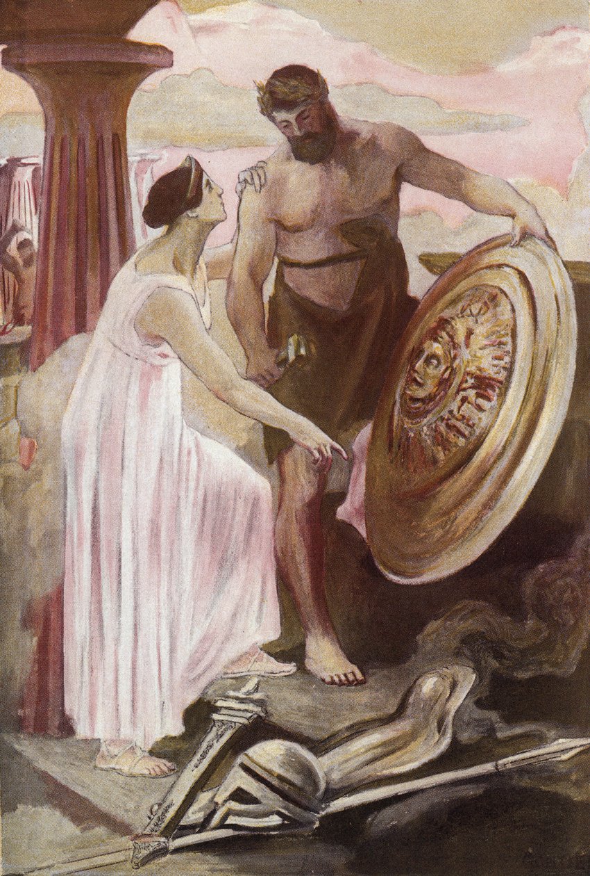 Akilles sköld skapad av Vulcan. Illustration av Clement Gontier (1876-1918) för Homeres "Iliaden" (Omero). Paris, Henri Laurens av Clement Gontier