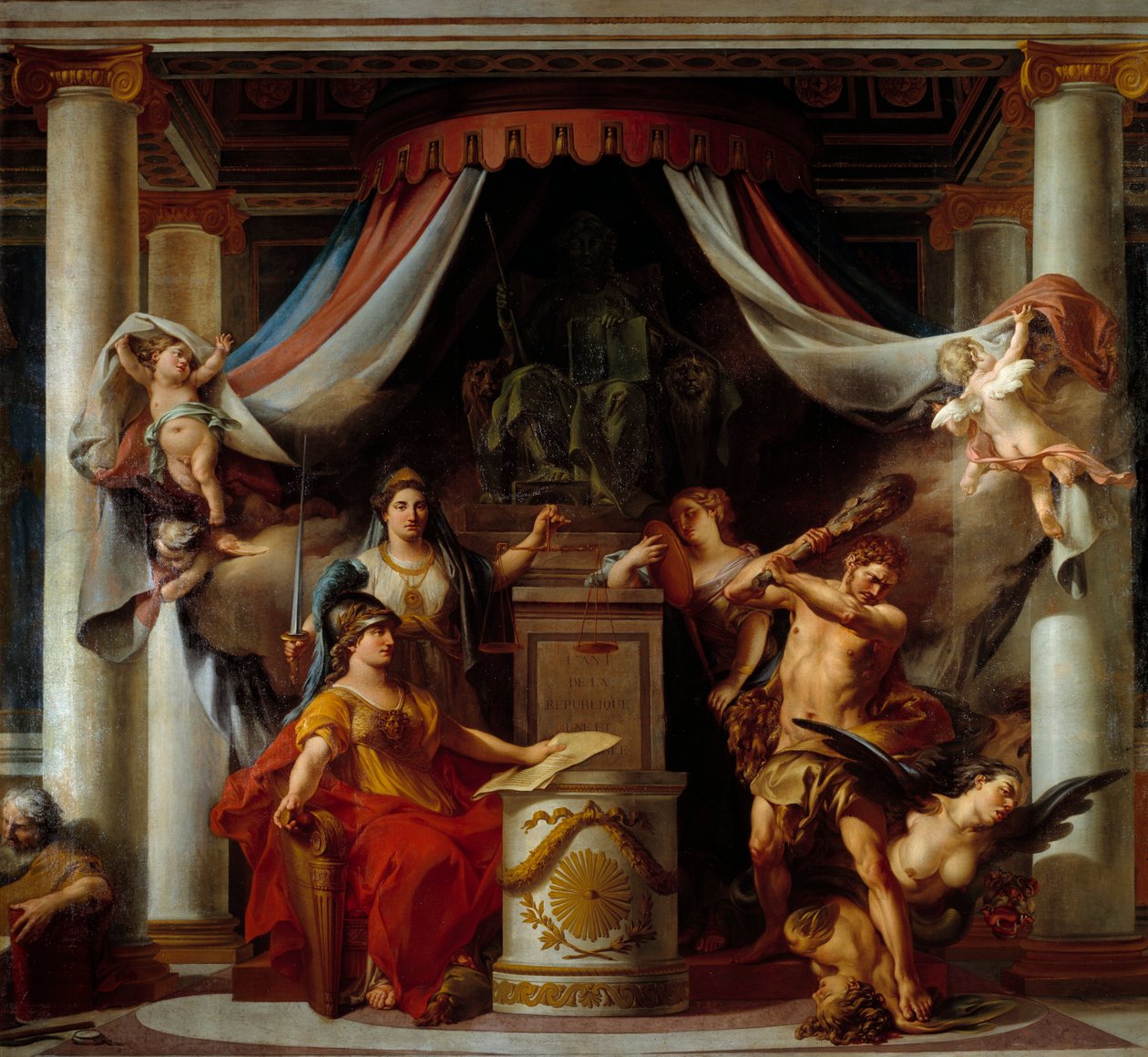 Allegori om revolutionen: i mitten överlämnar Minerve Hercules hemligheten som avskaffar lasterna från den gamla regimen Målning av Clement Belle (1722-1806) 1794 Sön. 3,56x3,86 m av Clement Louis Marie Anne Belle