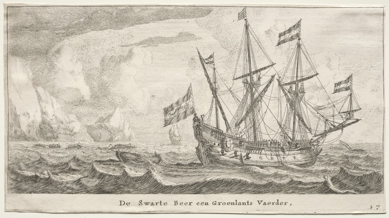 Olika fartyg och utsikt över Amsterdam (Verscheÿde Schepen en Gesichten van Amstelredam), del II: The Black Bear, a Greenland Whaler av Clement de Jonghe