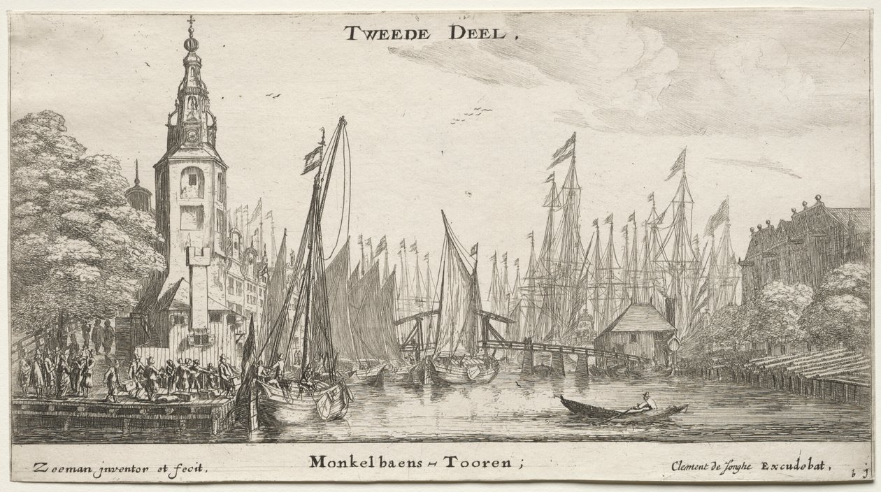 Olika fartyg och utsikt över Amsterdam (Verscheÿde Schepen en Gesichten van Amstelredam), del II: Kanal nära Amsterdam och Monkeltornet av Clement de Jonghe