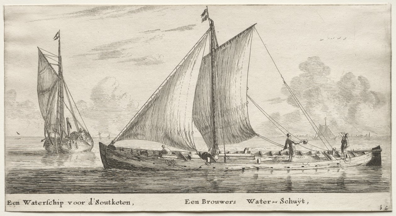 Olika fartyg och utsikt över Amsterdam (Verscheÿde Schepen en Gesichten van Amstelredam), del II: Ett vattenskepp på väg mot Soutketen. Ett Brewer