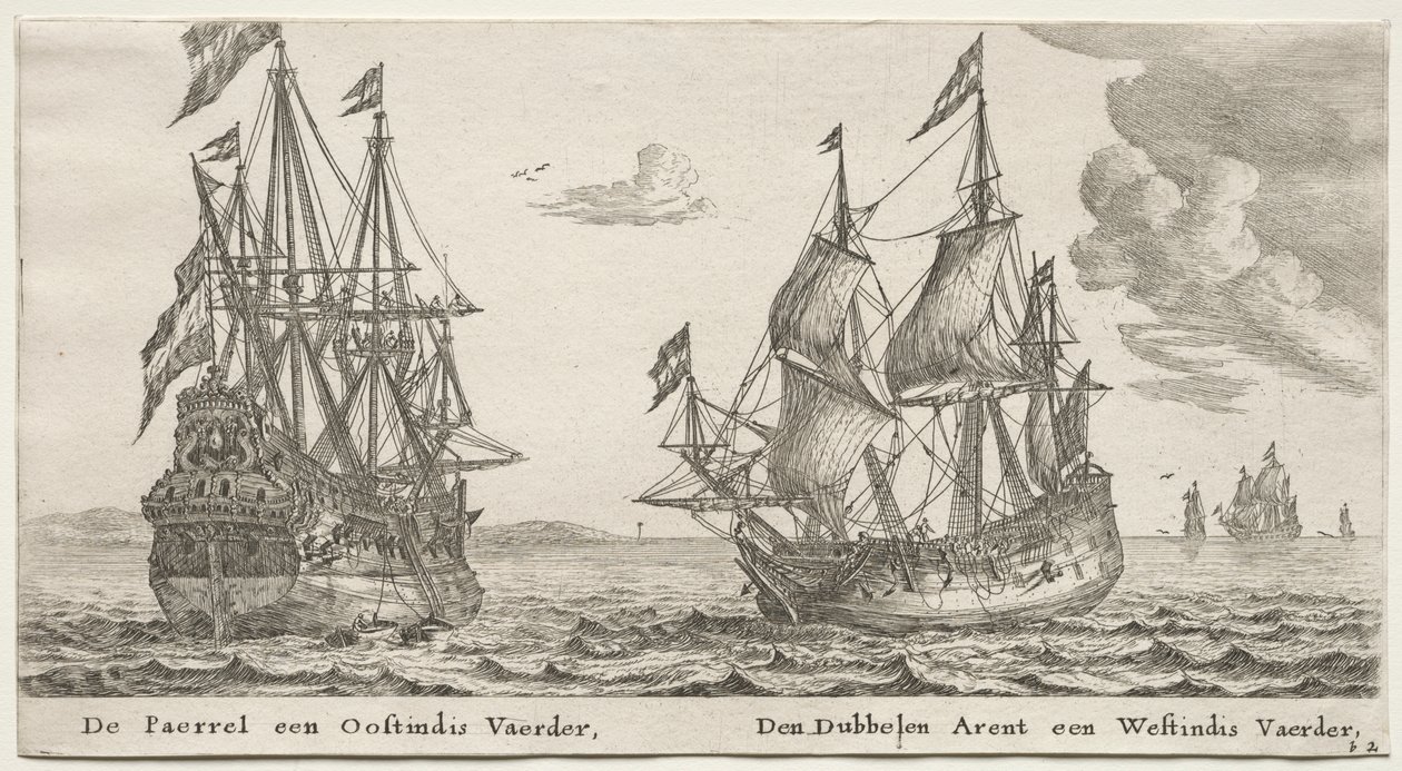 Olika fartyg och utsikter över Amsterdam (Verscheÿde Schepen en Gesichten van Amstelredam), del II: Pärlan och ostindiefararen, Dubbelörnen, en västindiefarare av Clement de Jonghe