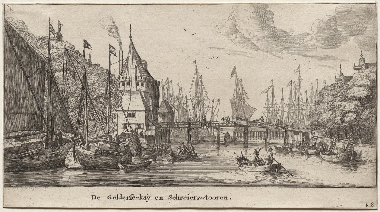 Olika fartyg och utsikt över Amsterdam (Verscheÿde Schepen en Gesichten van Amstelredam), del II: Geldersche Quai och Schreiers Tower av Clement de Jonghe