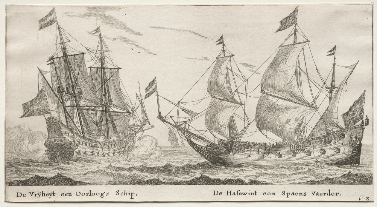 Olika fartyg och utsikter över Amsterdam (Verscheÿde Schepen en Gesichten van Amstelredam), del II: Friheten, en krigsman. Varghunden, ett spanskt fartyg av Clement de Jonghe