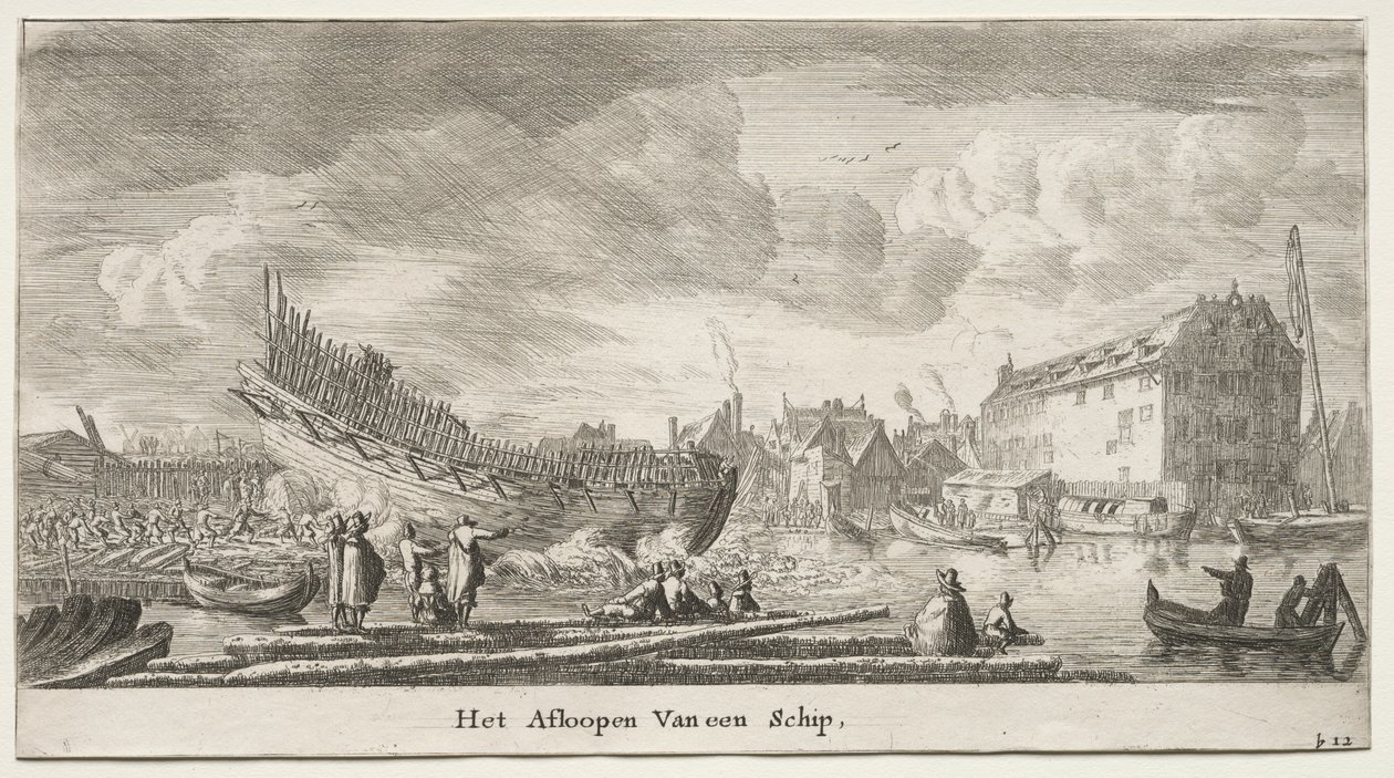 Olika fartyg och utsikt över Amsterdam (Verscheÿde Ships och Gesichten van Amstelredam), del II: Att sjösätta ett fartyg av Clement de Jonghe