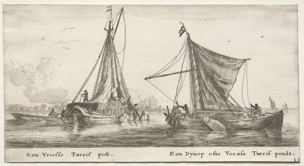 Olika fartyg och utsikter över Amsterdam (Verscheÿde Ships and Gesichten van Amstelredam), del II: En frisisk torvpråm. Dÿnop, nära Veensche Peat Pond av Clement de Jonghe