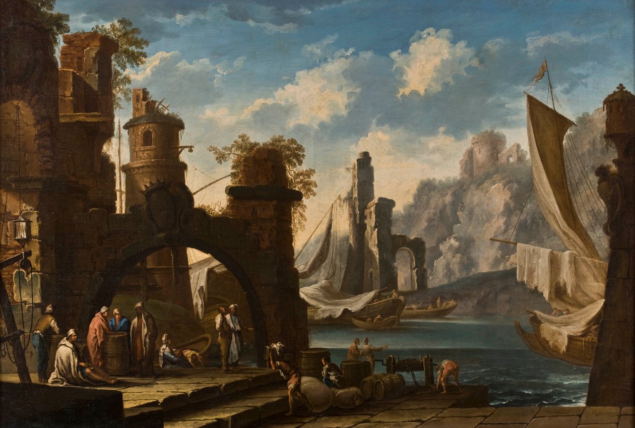 Medelhavshamn med slott i ruiner, skepp och figurer av Clemente Spera