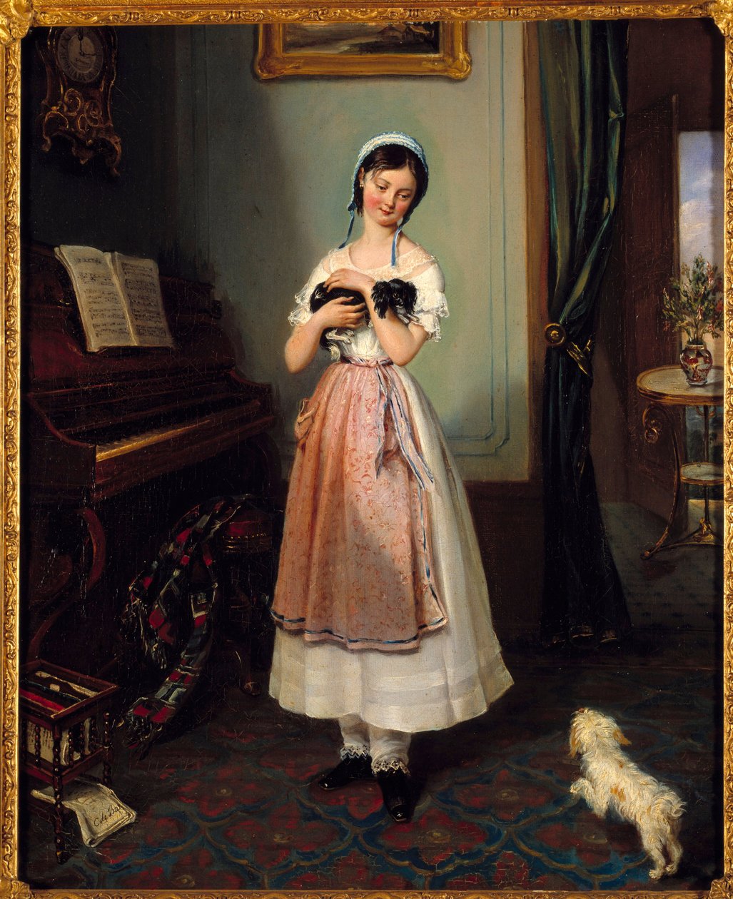 En ung flicka i en borgerlig interiör med två hundar. Målning av Clementine de Bar (1807-1856) 1800-talets Paris, Galerie Garoche av Clementine de Bar