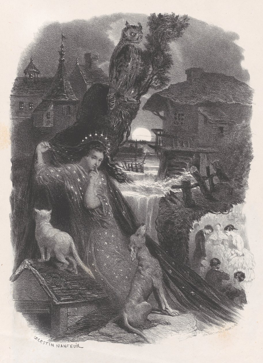 Natt, vinjett av flicka i 1700-talskostym som plockar rosor på tergo, ca. 1830-65. av Célestin Nanteuil