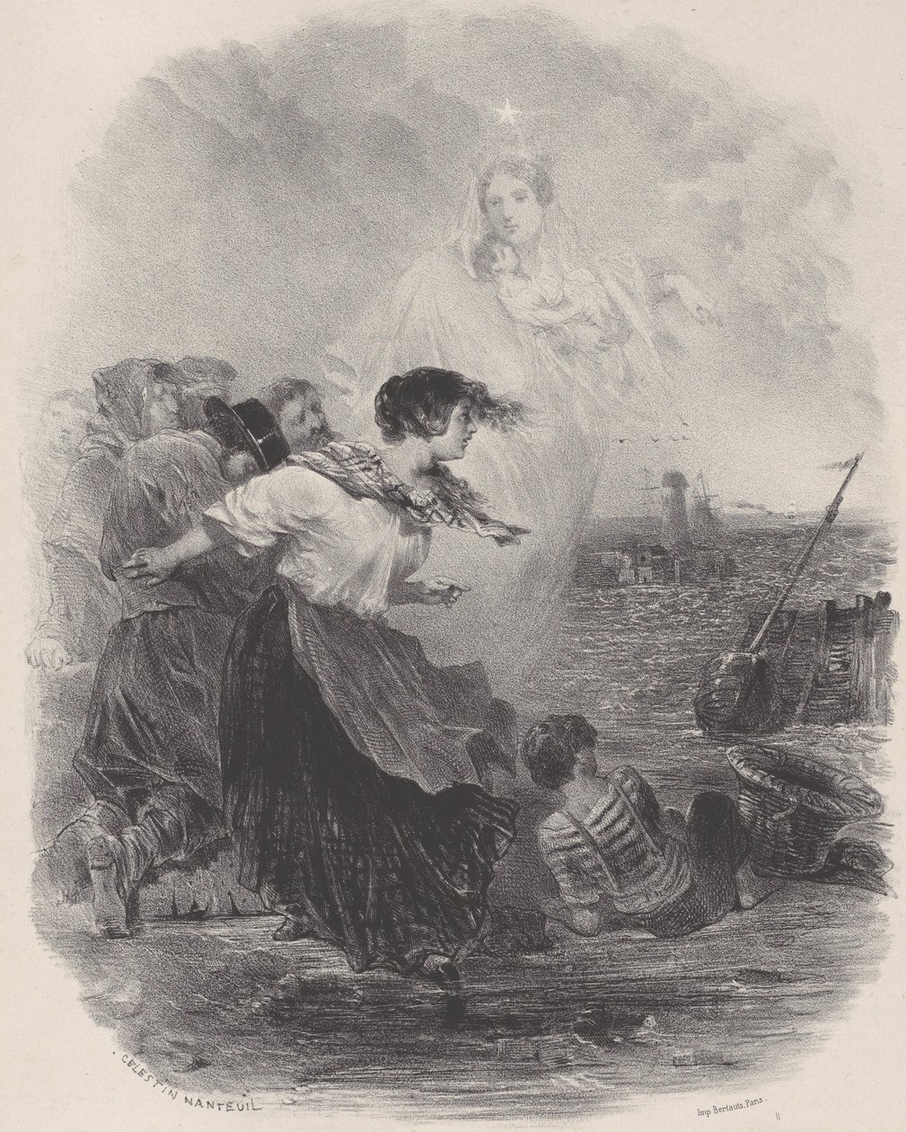 Kvinna vid havet med madonnan, pekar på ett skepp, ca. 1848-62. av Célestin Nanteuil