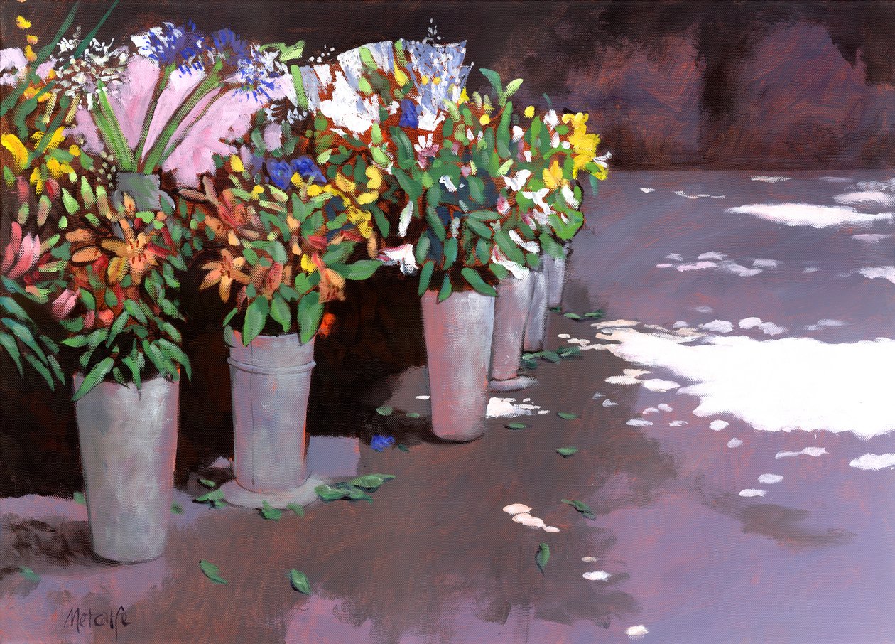 Fransk blomstermarked, 2007 (akryl om bord) swed av Clive Metcalfe