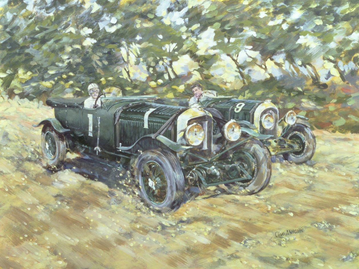 1929 Le Mans Winning Bentleys (akryl på duk) av Clive Metcalfe