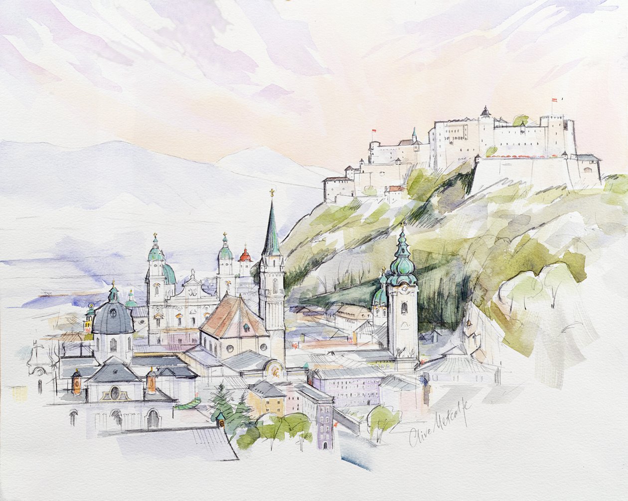 Salzburg Sunrise (wc på papper) av Clive Metcalfe