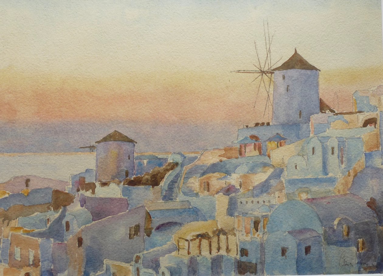 Santorini Oia – Sunset, Lighting Up Time, 2019 (akvarell) av Clive Wilson