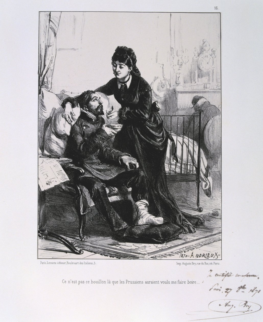Fransk-preussiska kriget 1870-1871: En skadad soldat vårdas och får näring. Från en serie litografier av Clement August Andrieux om Gardes Nationales. av Clément Auguste Andrieux
