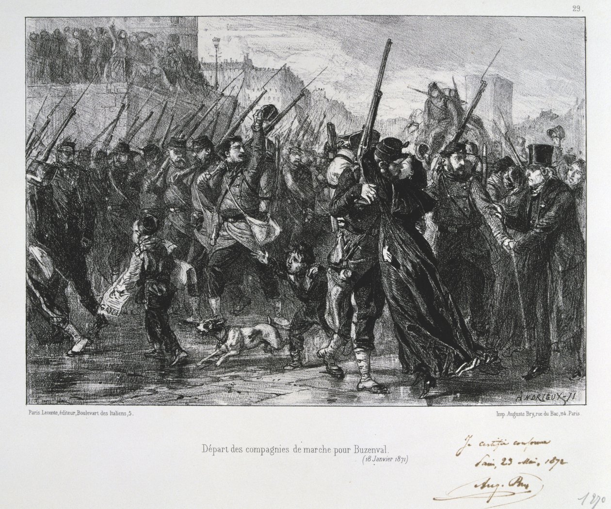 Fransk-preussiska kriget 1870-1871: Slaget vid Buzenval (berget Valerien) nära Versailles 19 januari 1871. Garde National marscherar till strid och nederlag. Från en serie litografier av Clement August Andrieux om Gardes Nationales. av Clément Auguste Andrieux