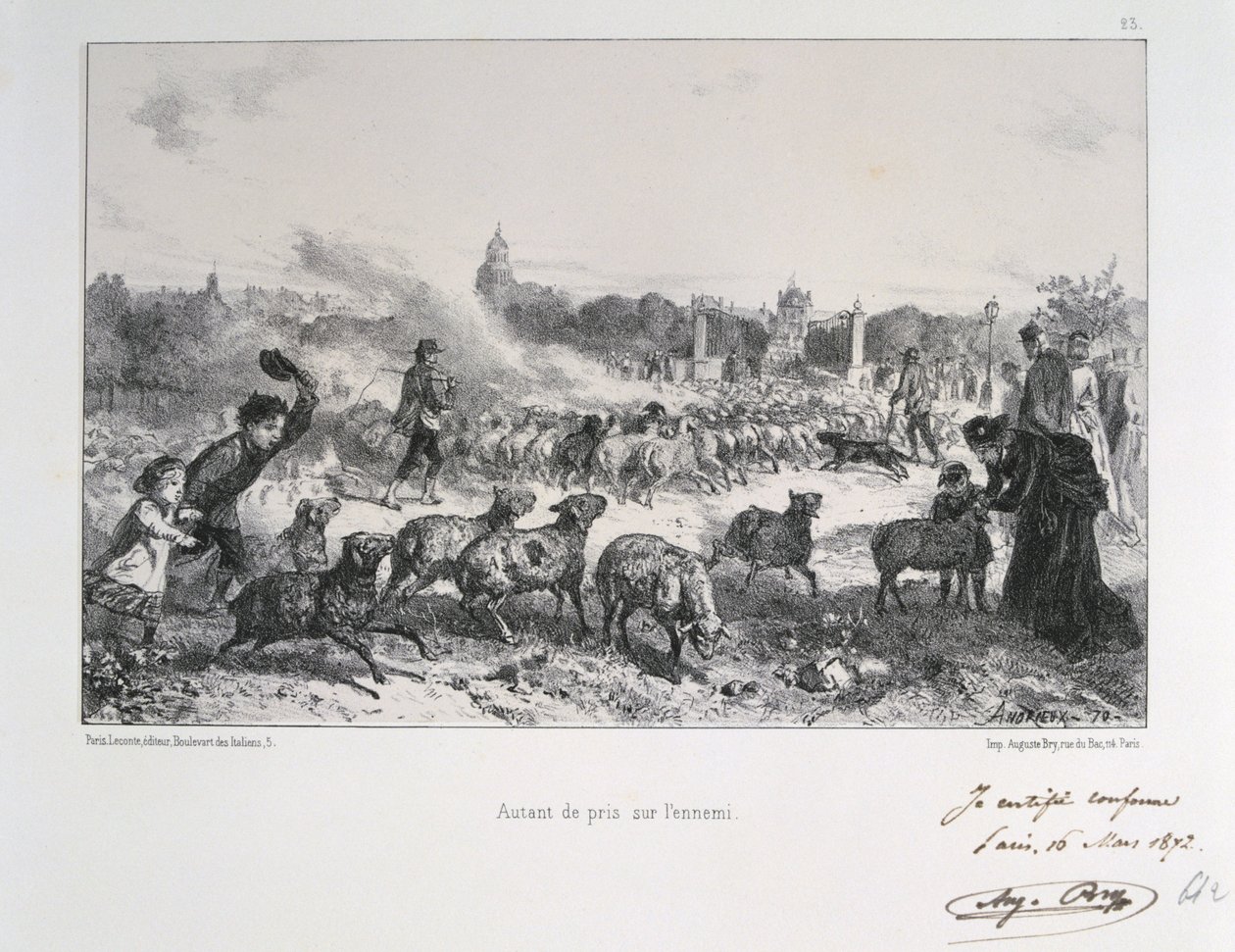 Fransk-preussiska kriget 1870-1871: Driv bort en flock får för att neka dem att falla i preussarnas händer. Från en serie litografier av Clement August Andrieux om Gardes Nationales. av Clément Auguste Andrieux