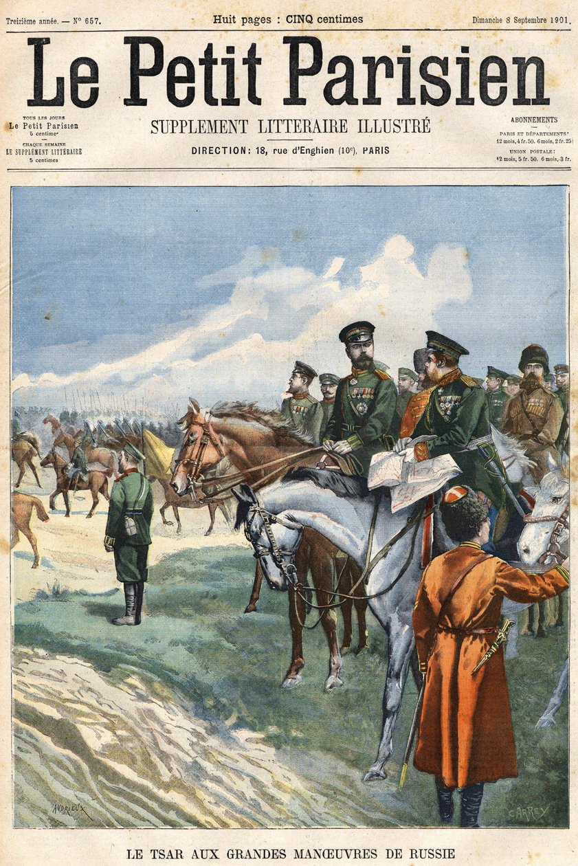 Tsaren (Nicholas II) till Rysslands stora manövrar. Omslag "" Le Peute Parisien"" från 1901-09-08. av Clément Auguste Andrieux
