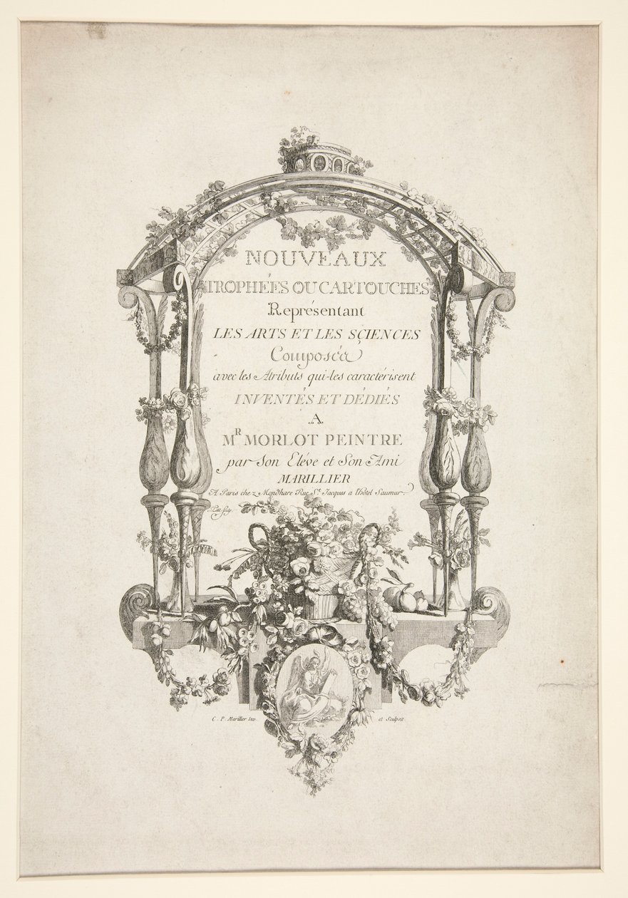Titelsida från Nya troféer eller kartuscher som representerar konst och vetenskap av Clément Pierre Marillier