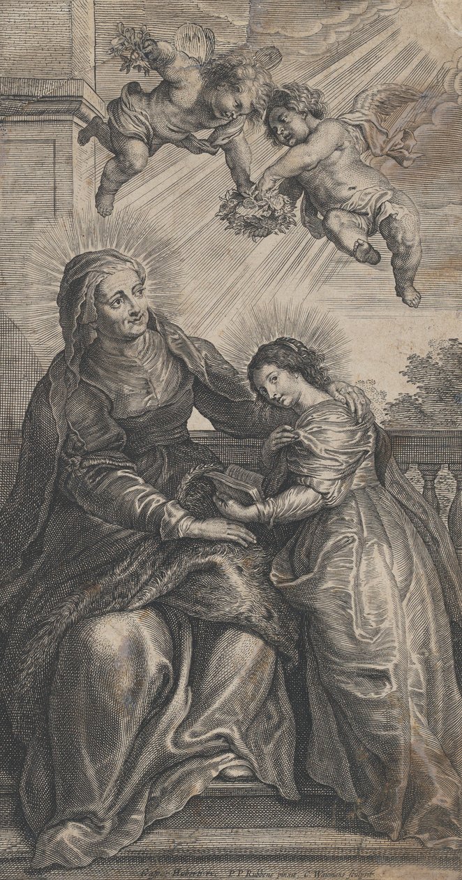 Jungfruns utbildning, med Sankta Anna och Jungfru Maria som läser med två p..., ca. 1700-24. av Coenrad Waumans