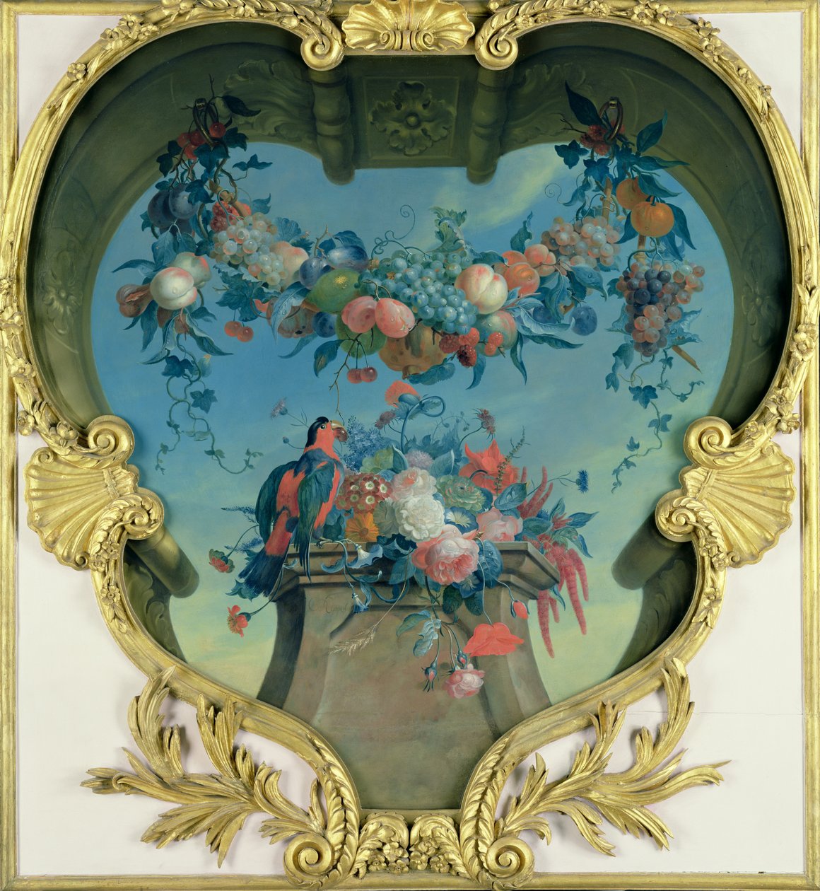 Festoon of Fruits Hanging over a Pedestal with Flowers and a Red-Green Parrot, c. 1730-31  av Coenraet Roepel