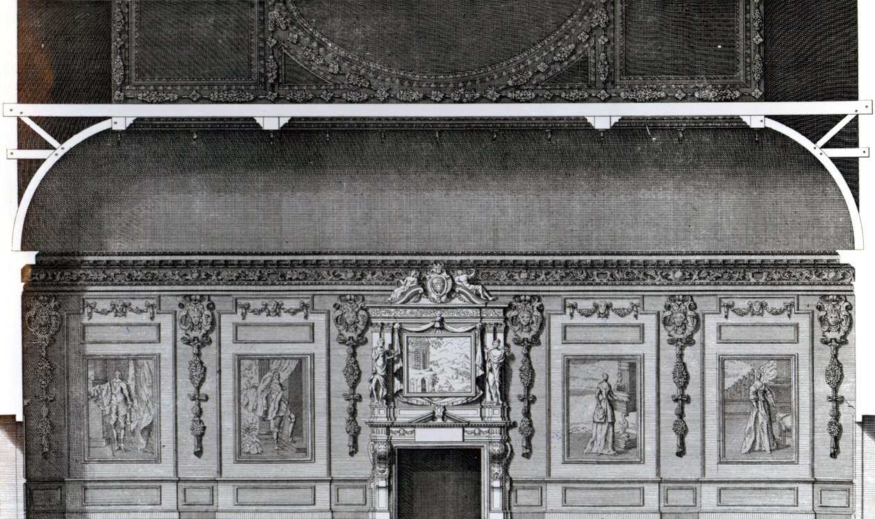 Sektion av den stora matsalen i Wilton, efter en design av Inigo Jones, graverad av H. Hulsbergh, publicerad i 