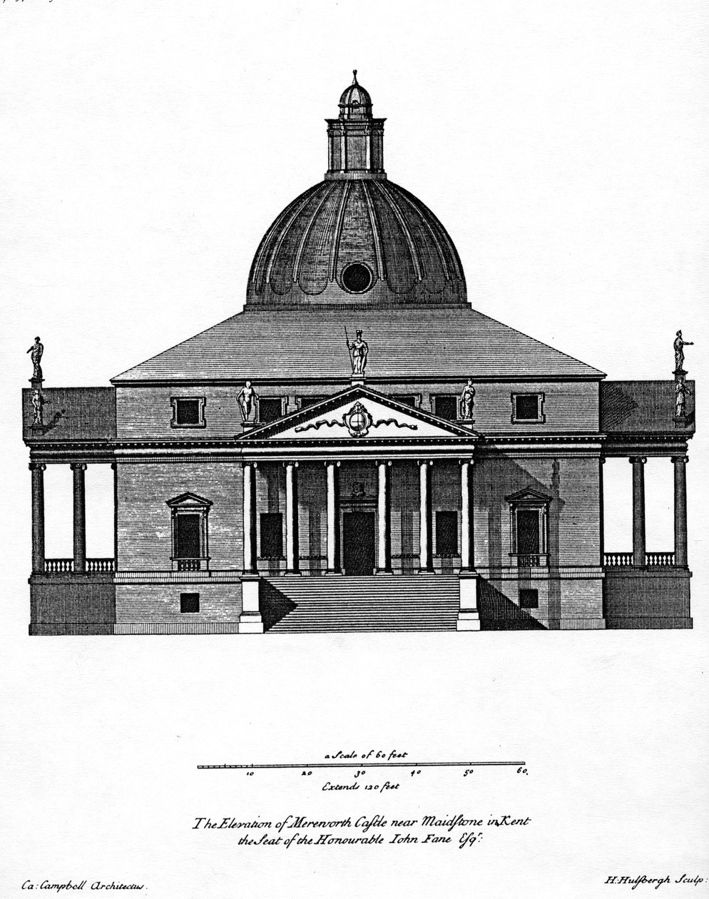 Förhöjning av Mereworth Castle, graverad av H. Hulsbergh, ca 1722-24 av Colen Campbell