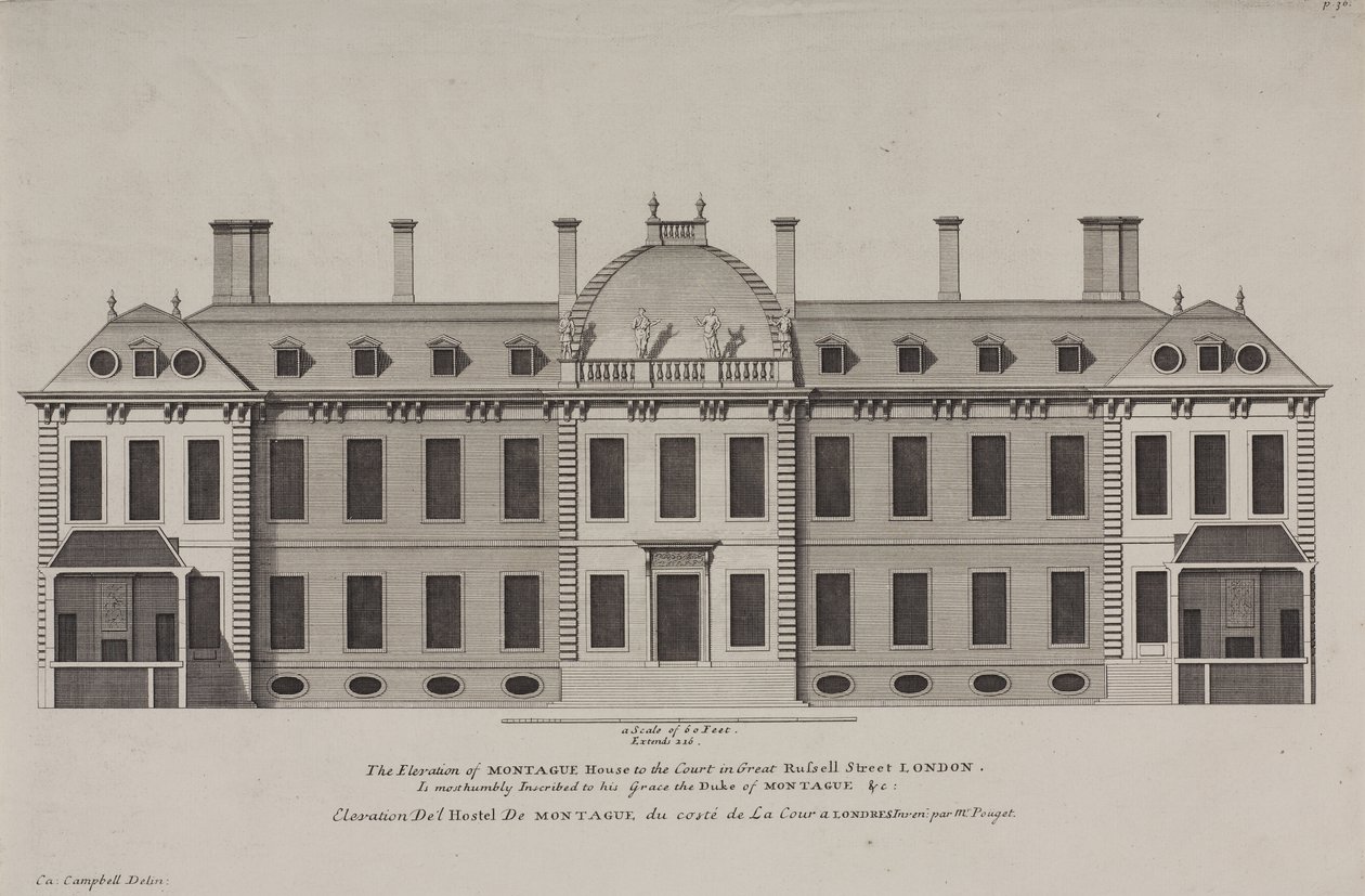 Upphöjning av Montague House till domstolen vid Great Russell Street, Holborn, ca 1725 (gravyr) av Colen Campbell