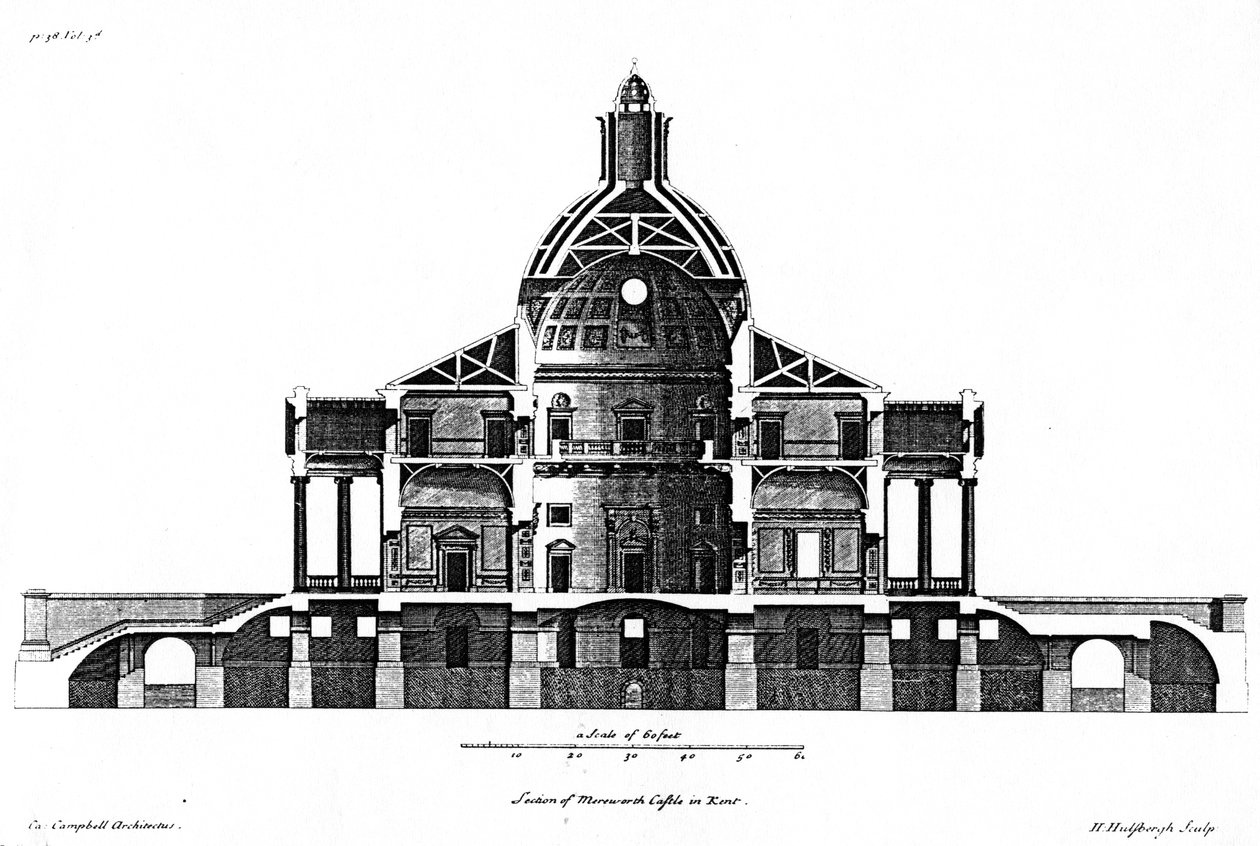 Sektion av Mereworth Castle i Kent, graverad av H. Hulsbergh, c.1722-24 av Colen Campbell