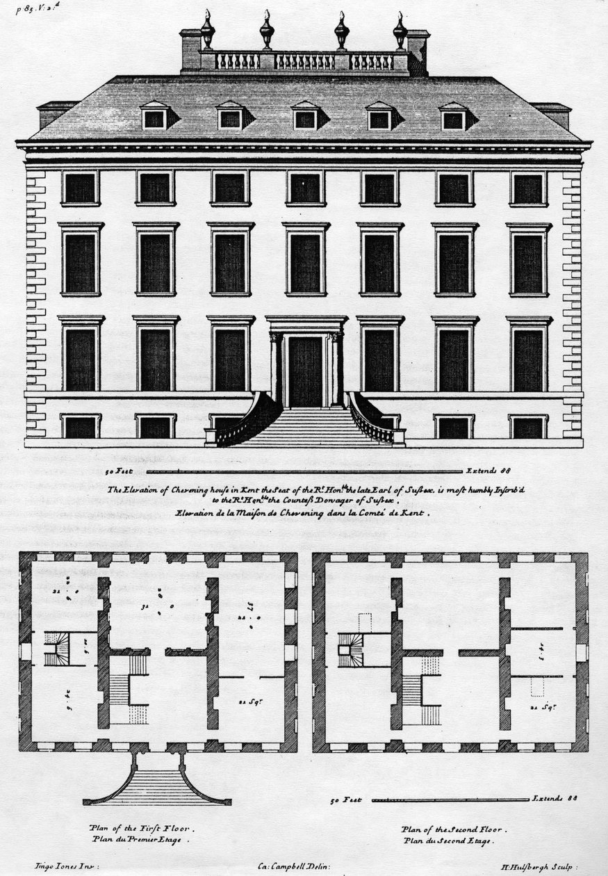 The Elevation of Chevening House i Kent, graverad av H. Hillsburgh, illustration från 