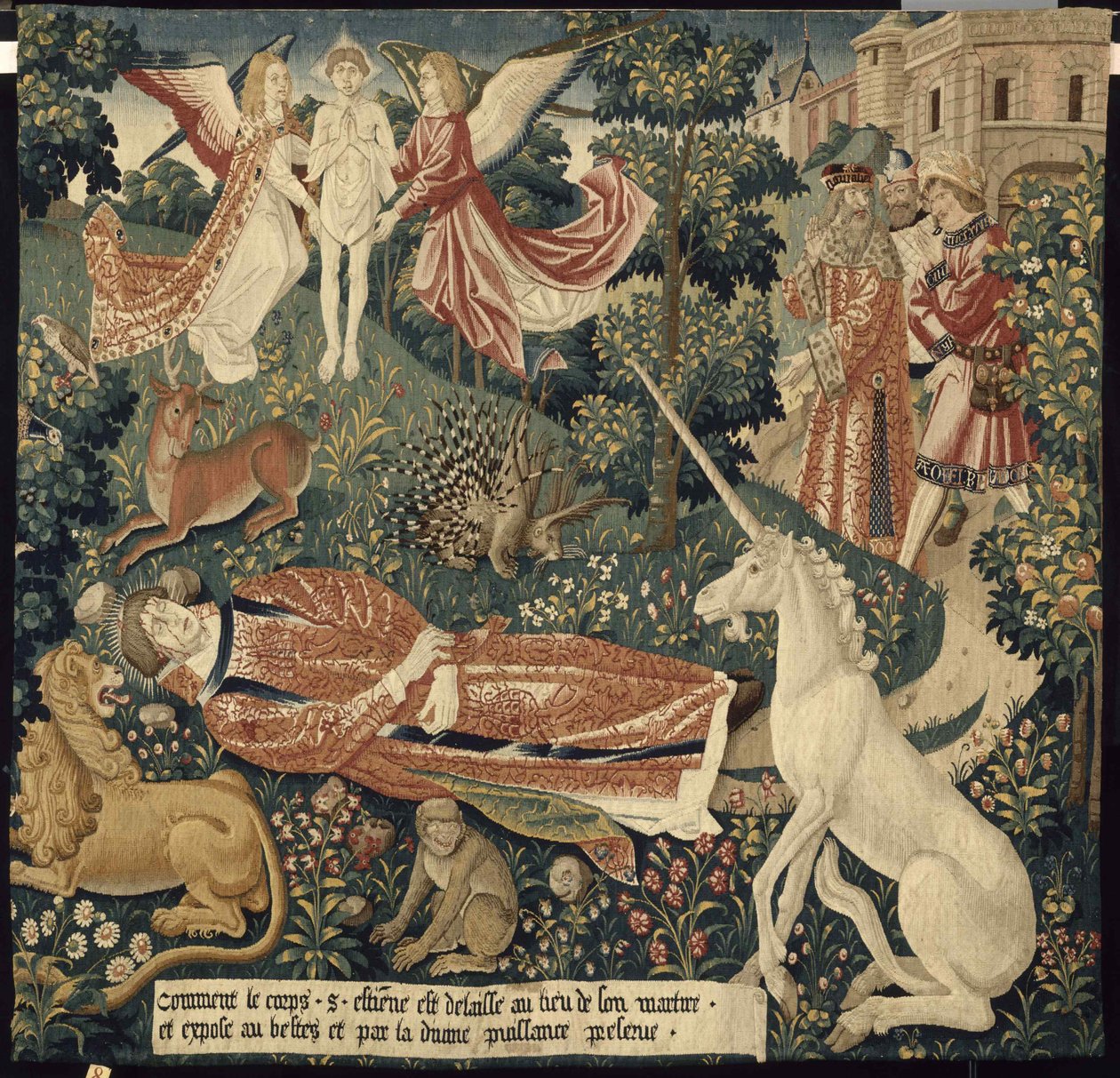 Enhörning. Från: The Hanging of Saint Stephen. Scen 8: Martyrens kropp utsatt för bestarna, ca. 1500. av Colijn de Coter after