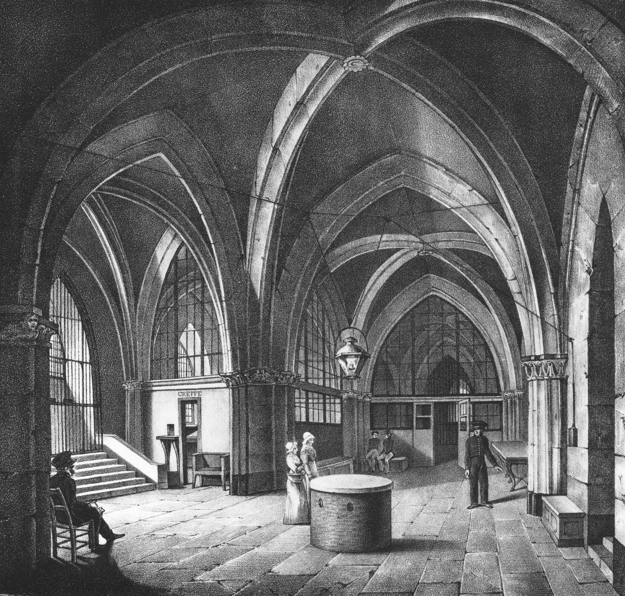 Interiör av ingångsrummet i Conciergerie-fängelset, graverat av Alphonse Urruty (1800-70) ca 1831 av Collard