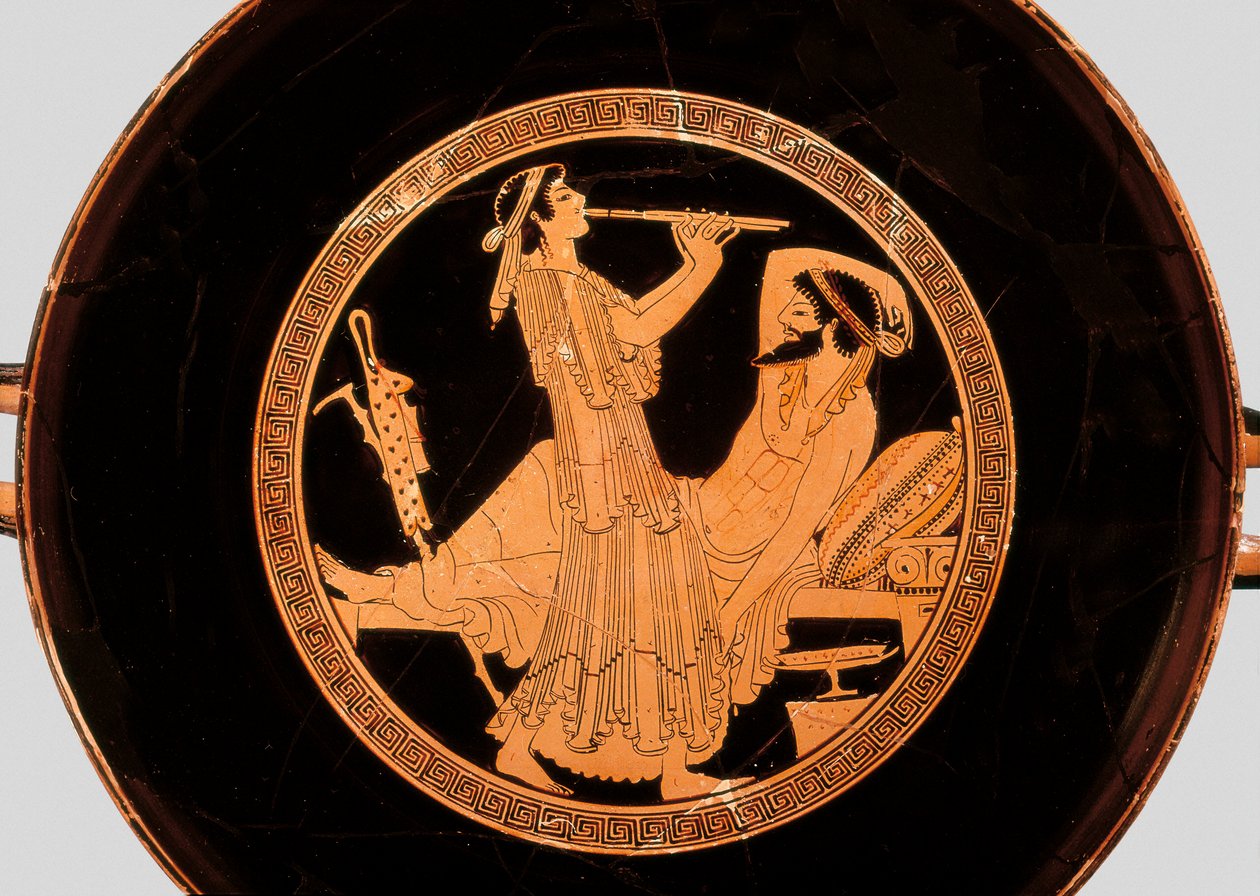 Bankett- och dubbelflöjtspelare, detalj från kylix eller Attic rödfigurskopp, ca 490 f.Kr. (terrakotta) av Colmar Painter