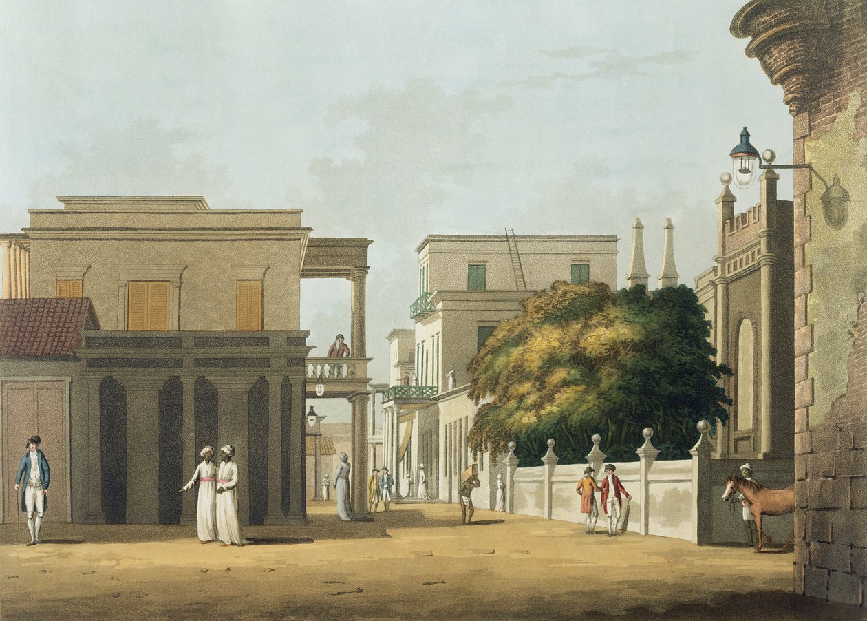 En vy av en del av St. Thome Street, Fort St. George, skylt 12 från "Twenty Four Views in Hindostan", graverad av H. Merke, pub. av Edward Orme (1774-c.1820) 1804 (akvatint) av Colonel Francis Swain Ward