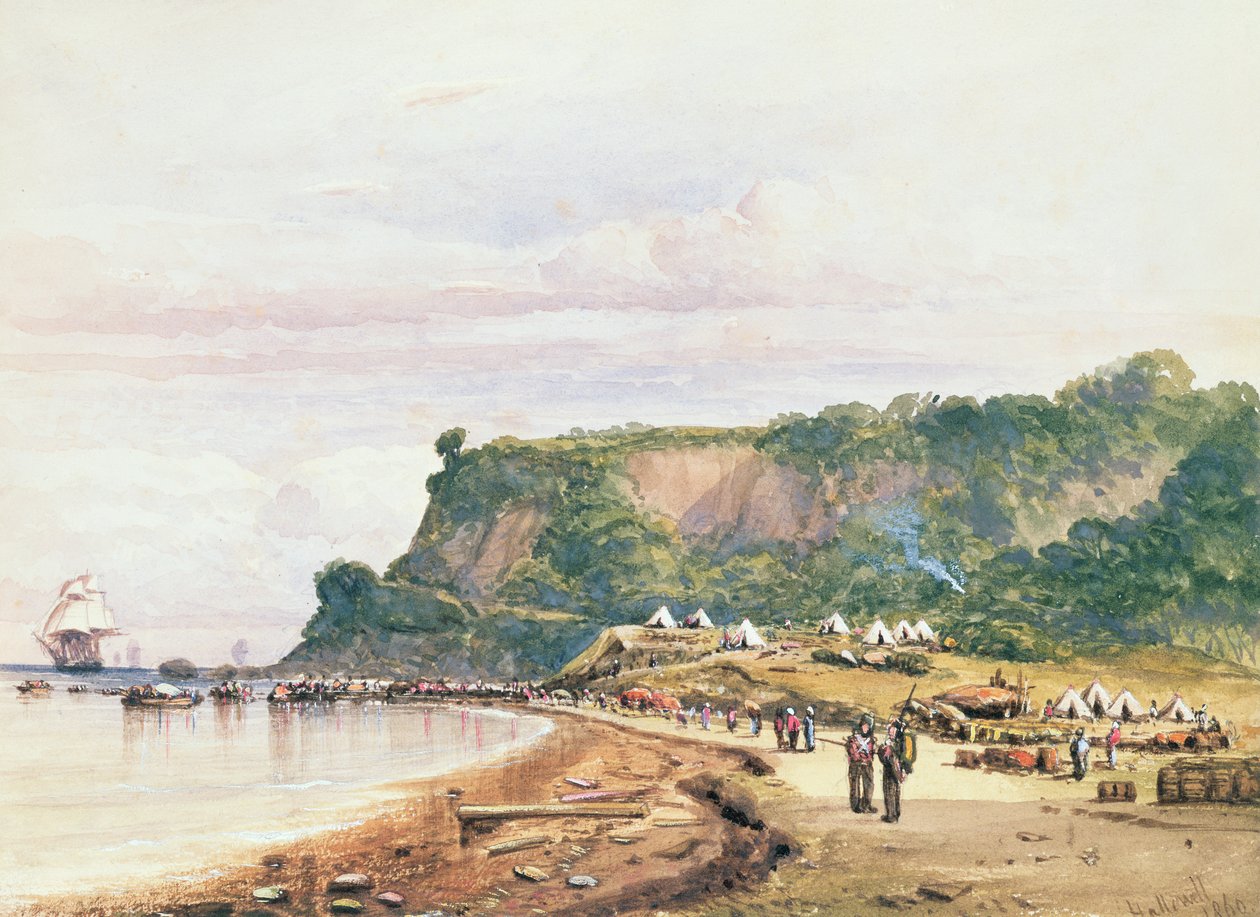 De brittiska och franska truppernas landstigning i Varua vid Svarta havet från H.M.S.Bellerophon den 17 juli 1854 i Krimkriget (akvarell). av Colonel Ben Hallewell