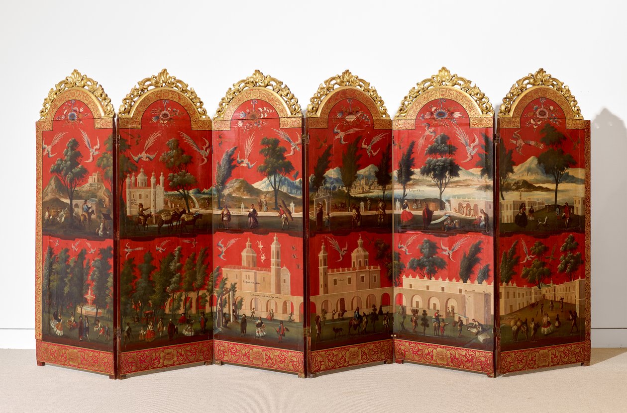 Biombo with Views of Mexico City (olja på röd maki-e-lack på panel, med förgyllda träfästen och linnebaksida) av Colonial Spanish