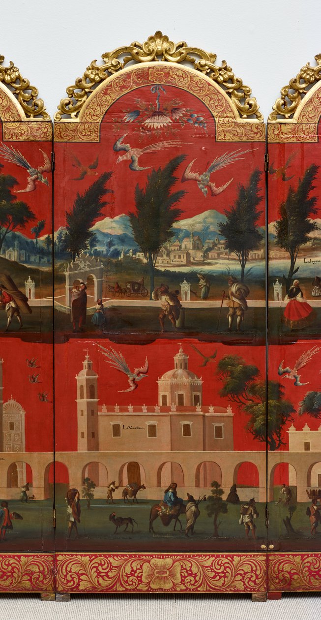 Biombo with Views of Mexico City (olja på röd maki-e-lack på panel, med förgyllda träfästen och linnebaksida) av Colonial Spanish