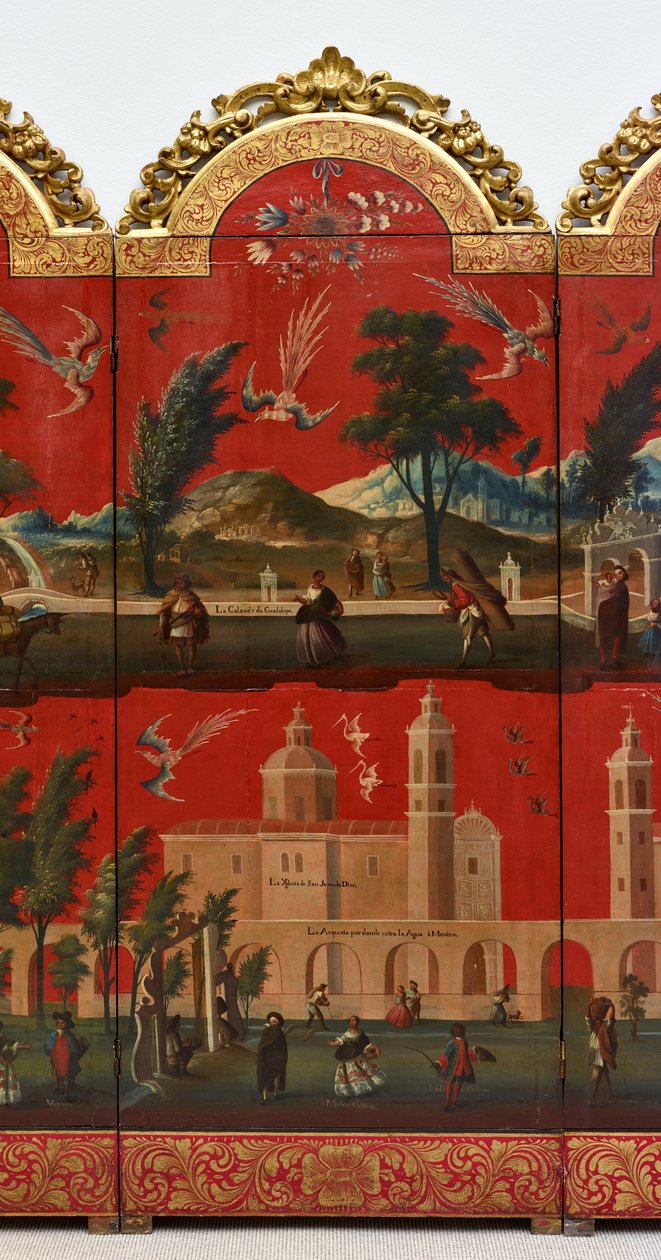 Biombo with Views of Mexico City (olja på röd maki-e-lack på panel, med förgyllda träfästen och linnebaksida) av Colonial Spanish
