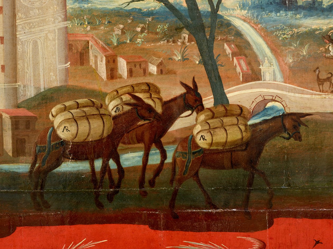 Biombo with Views of Mexico City (olja på röd maki-e-lack på panel, med förgyllda träfästen och linnebaksida) av Colonial Spanish