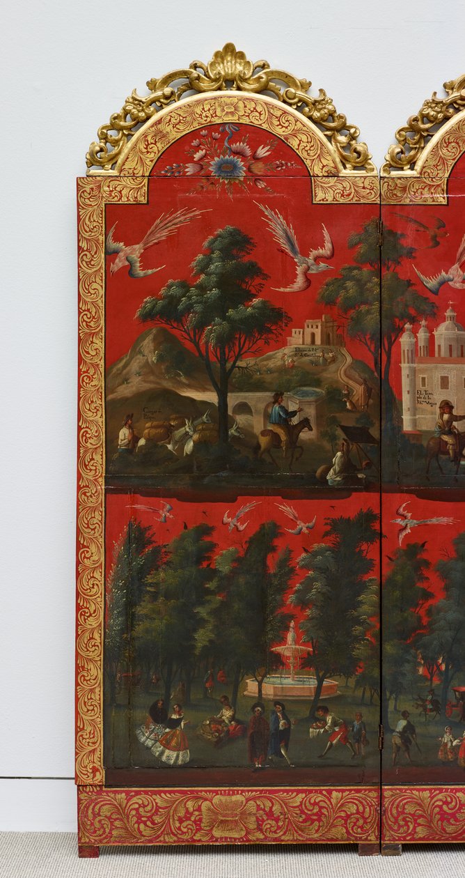 Biombo with Views of Mexico City (olja på röd maki-e-lack på panel, med förgyllda träfästen och linnebaksida) av Colonial Spanish