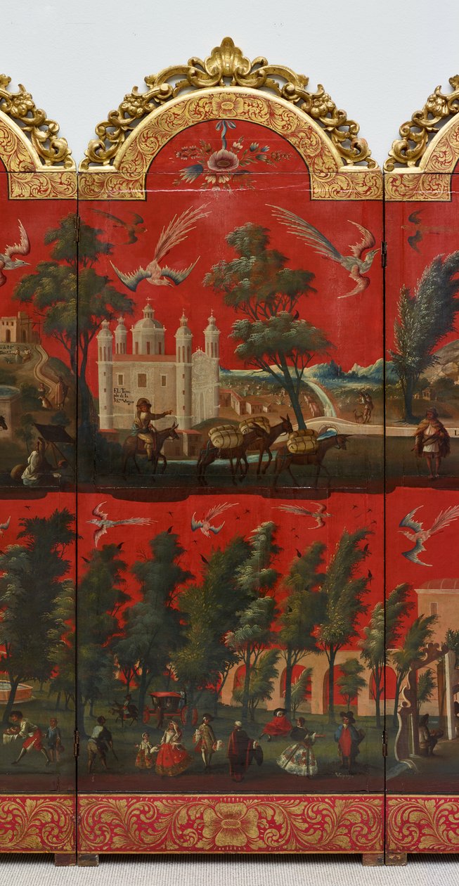 Biombo with Views of Mexico City (olja på röd maki-e-lack på panel, med förgyllda träfästen och linnebaksida) av Colonial Spanish