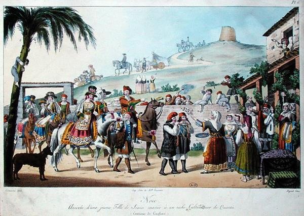 Bröllopståg i Cagliari-regionen i Italien, graverad av Bezard 1825 (färgad litho) av Cominotti Cominotti