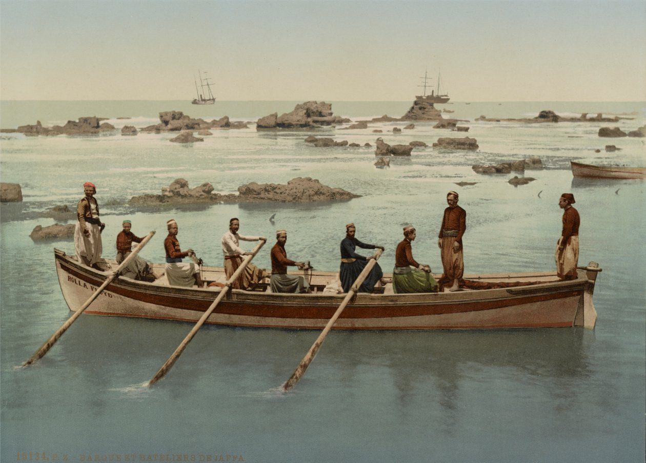 Båtsmän, Jaffa, Israel, ca 1890-1906 (fotokromtryck) av Company Photoglob