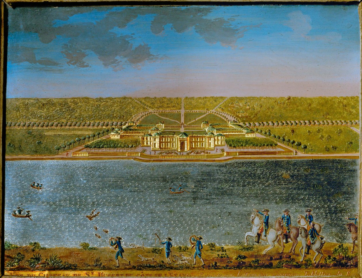 St. Hubert, en jaktslott nära Paris, byggd av Ludvig XV ... (rektangulär tennplatta, förgylld och gouacherad) av Compigne Compigne