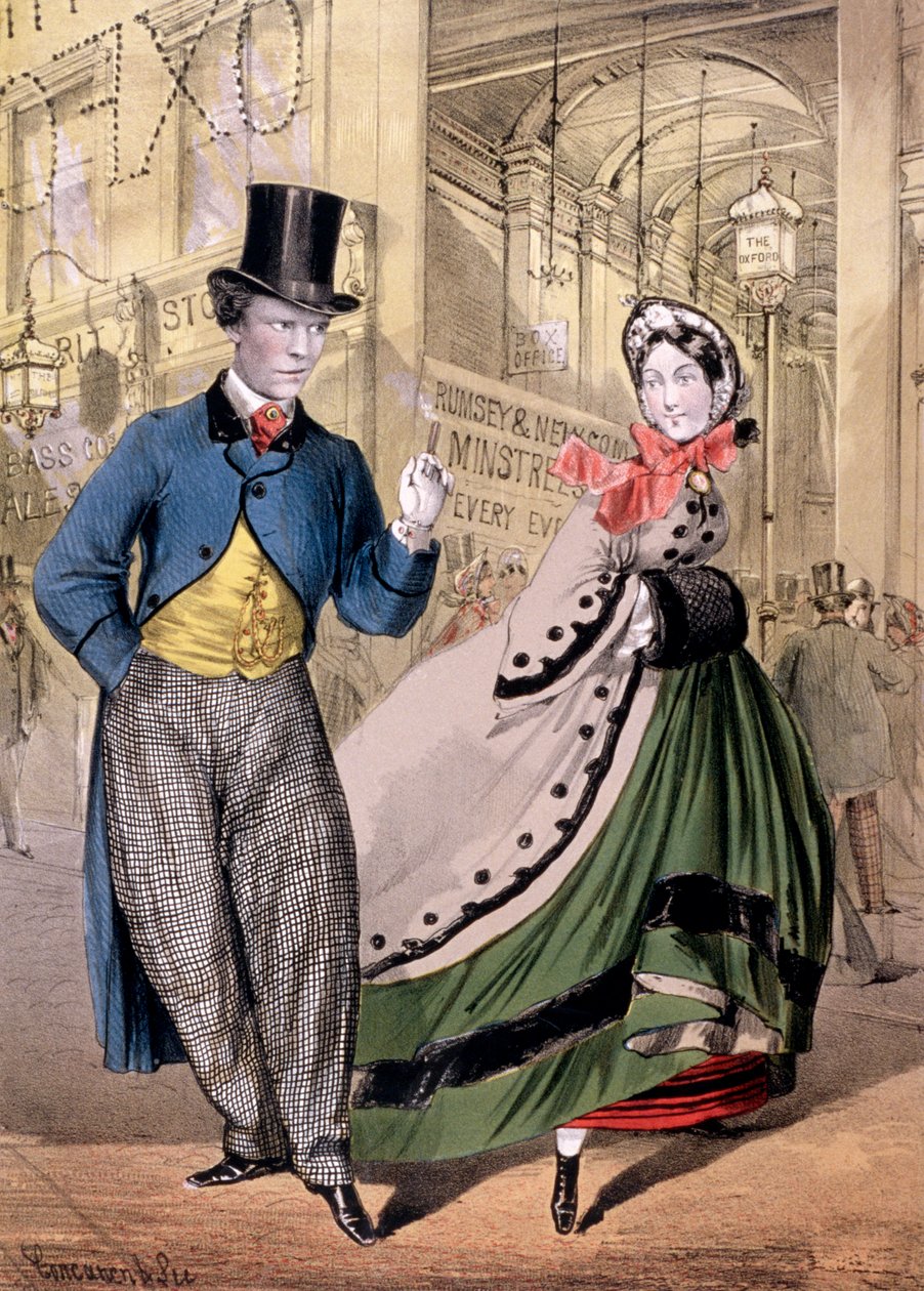 En dam och en gentleman vid ingången till Oxford Music Hall, Oxford St, Westminster, c1860 av Concanen and Lee